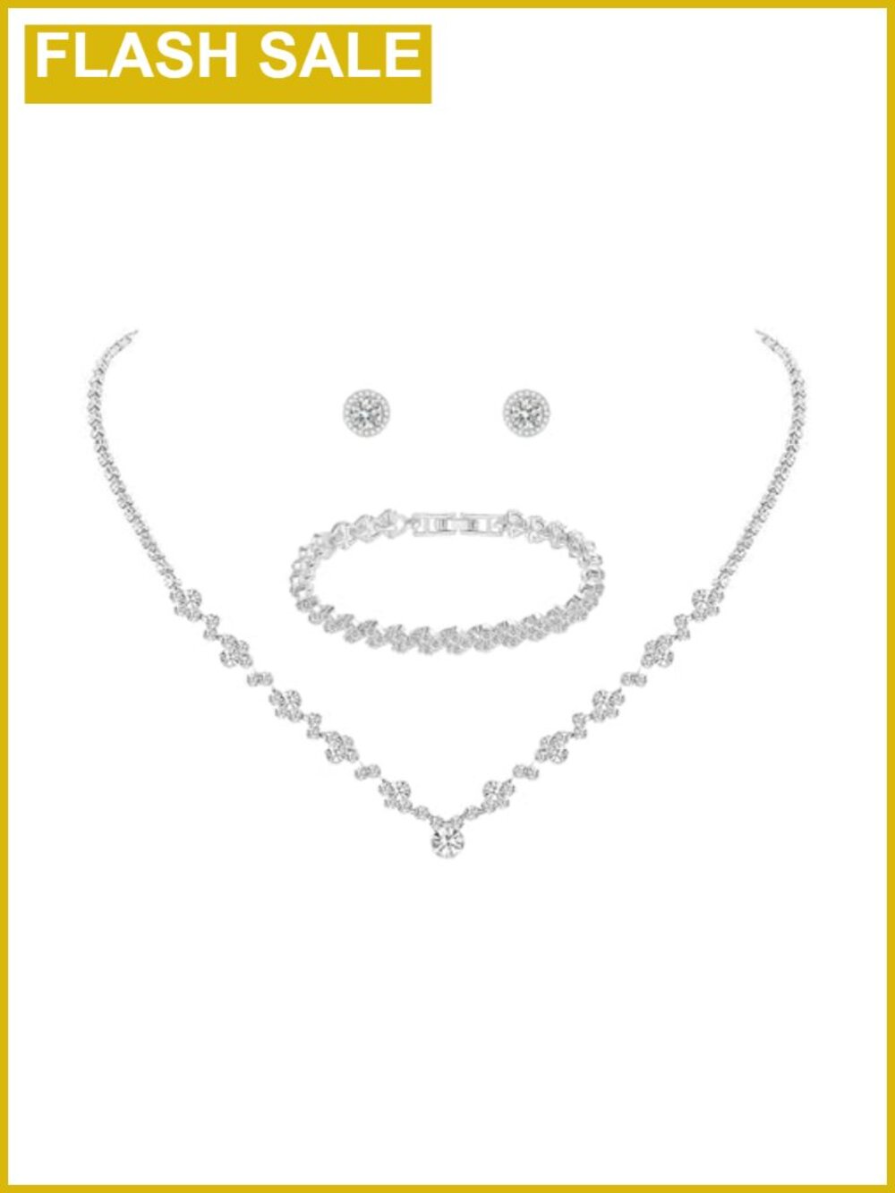 Silver Tennis Necklace Bracelet Earrings Set Rhinestone Wedding Jewelry